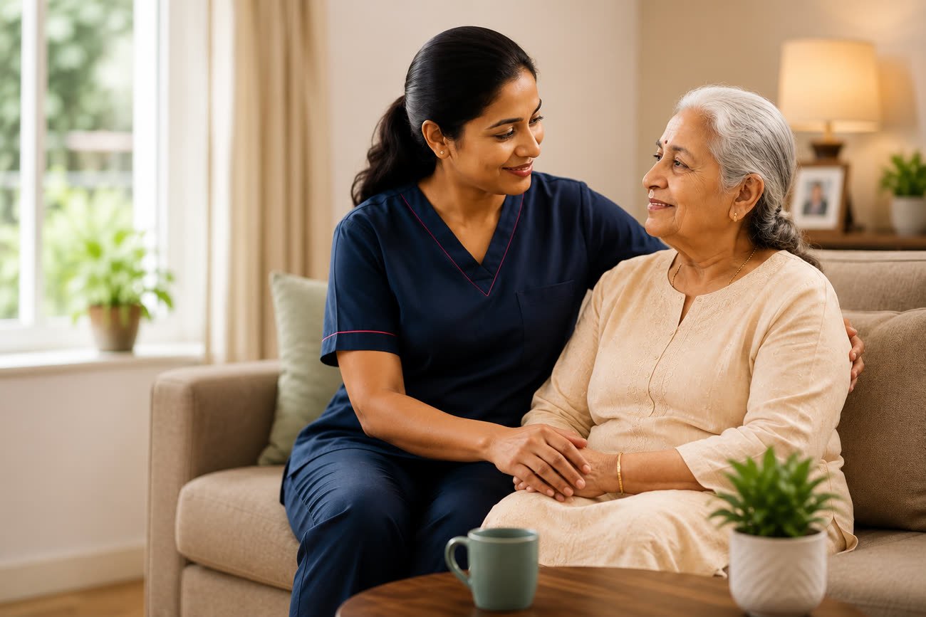 Family and caregiver sharing a warm, reassuring moment at home